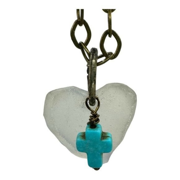 Artisan Light Green Sea Glass Concave Heart Pendant with Turquoise Cross Charm - Picture 7 of 12